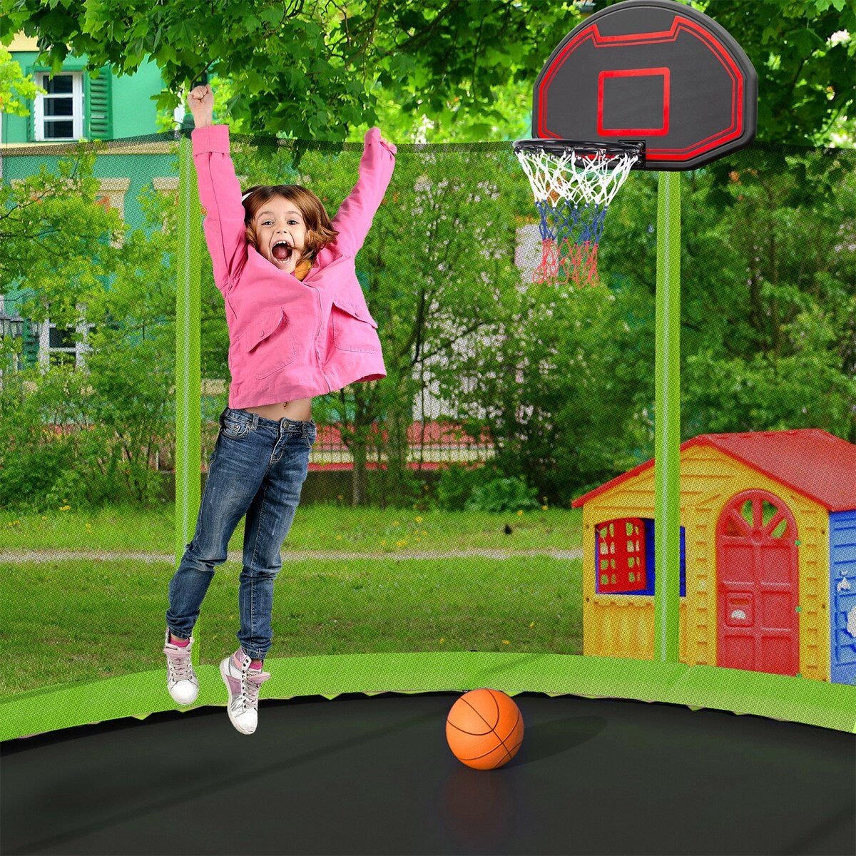 14FT Trampoline with Basketball Reinforced Jumping Mat and Ladder