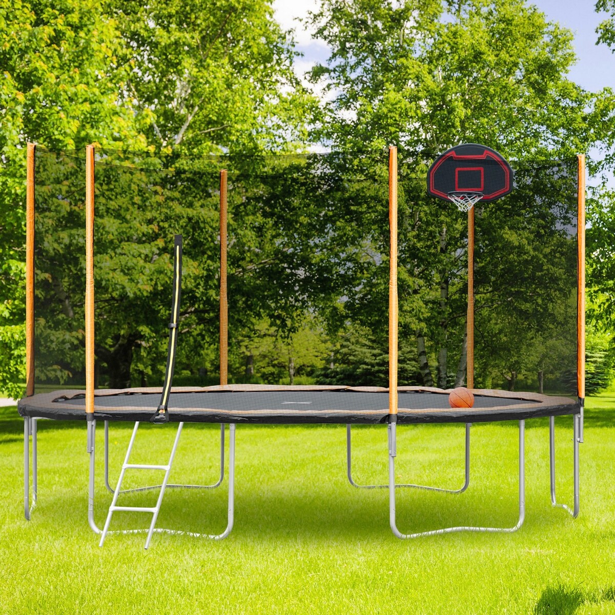 14FT Trampoline with Basketball Reinforced Jumping Mat and Ladder