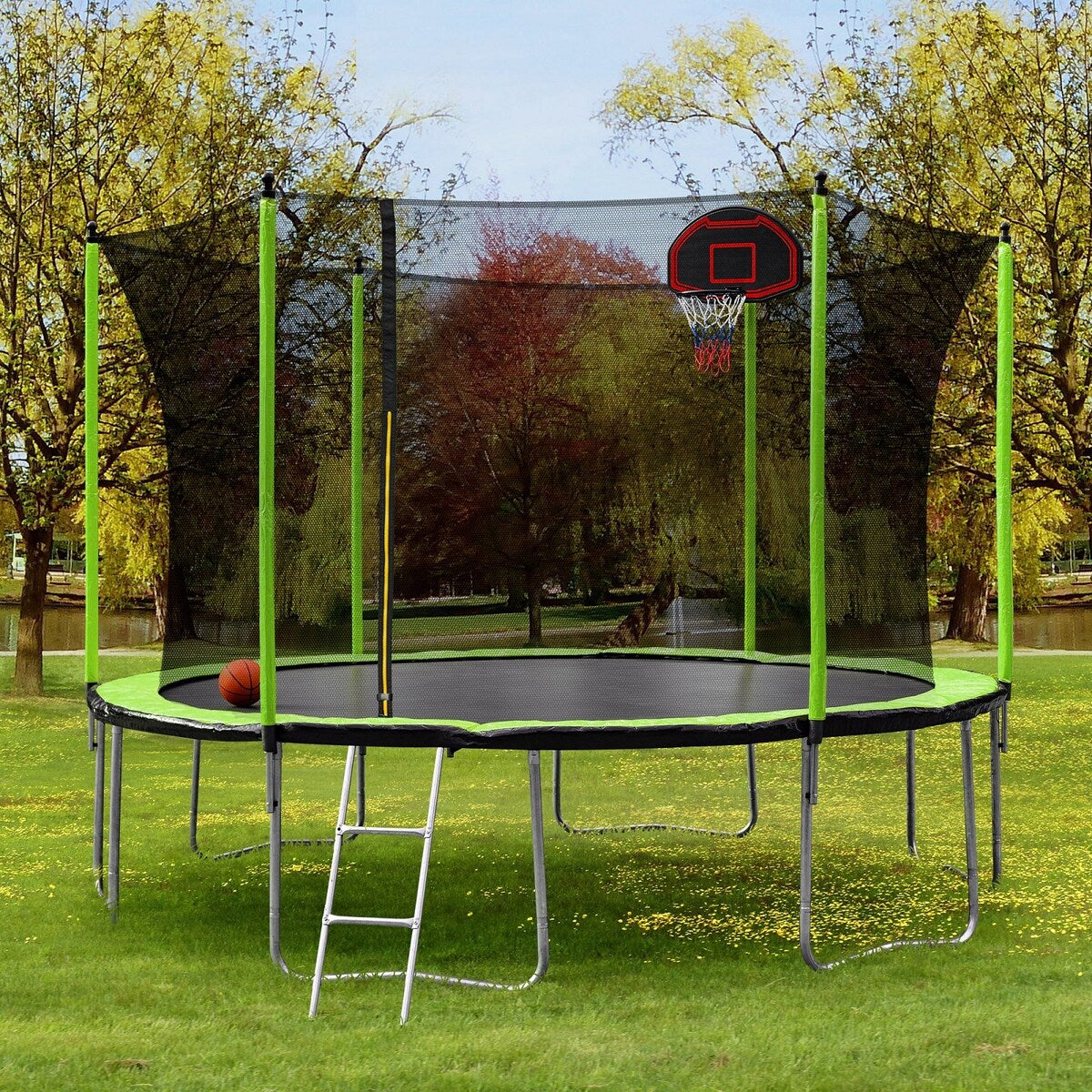 14FT Trampoline with Basketball Reinforced Jumping Mat and Ladder