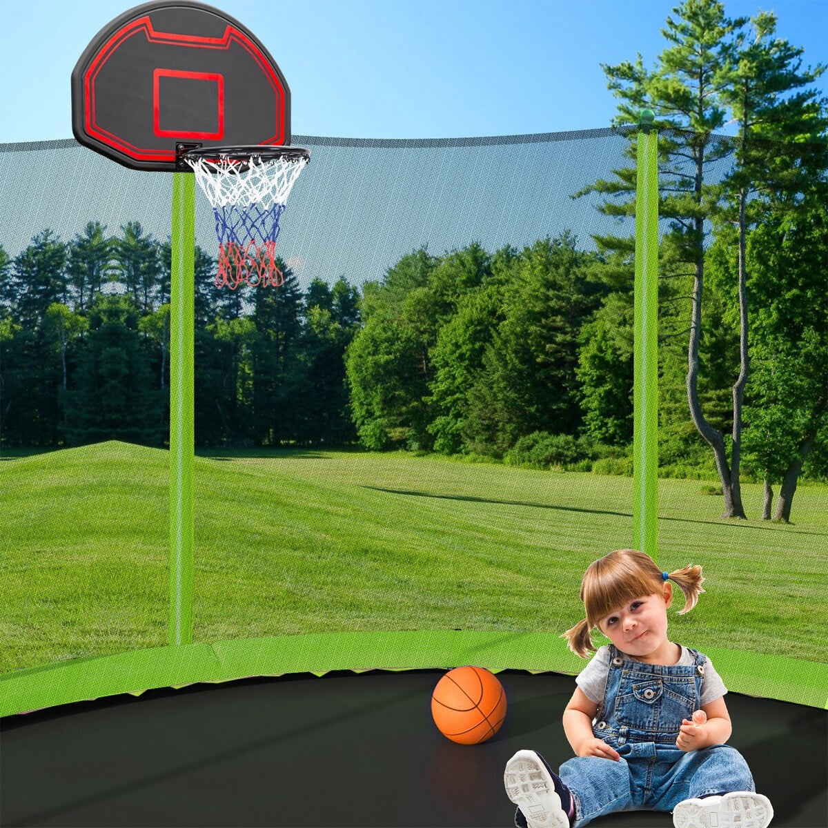 14FT Trampoline with Basketball Reinforced Jumping Mat and Ladder