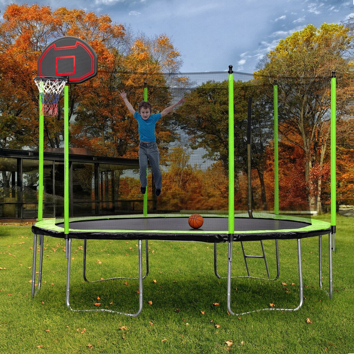 14FT Trampoline with Basketball Reinforced Jumping Mat and Ladder