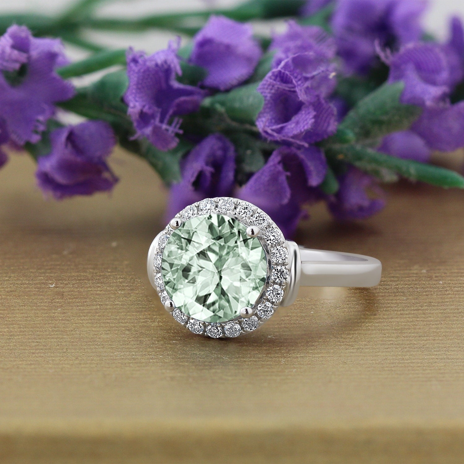 Auriya 2 1/5ct Round Green Amethyst and Halo Diamond Engagement Ring 1/4ctw 14k Gold