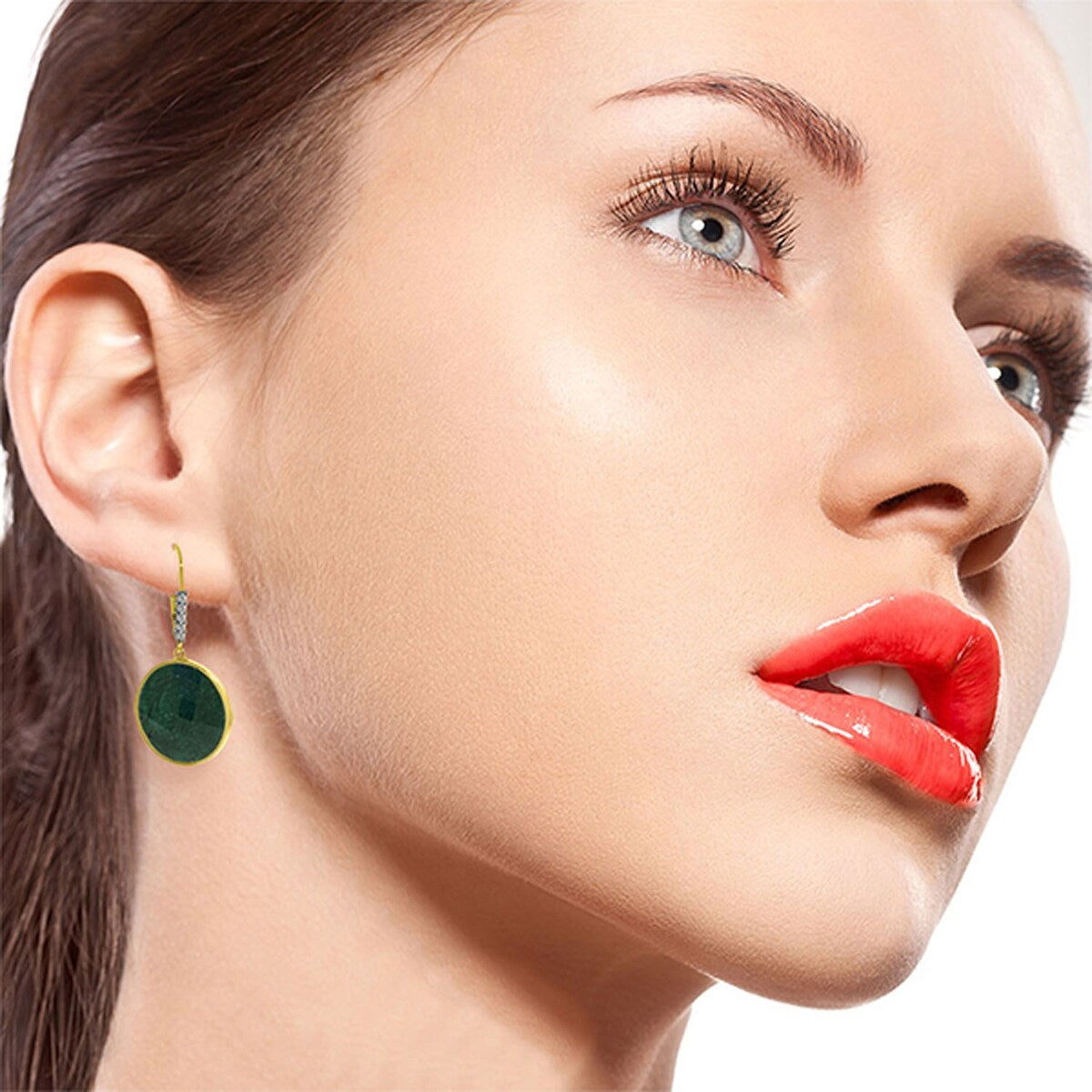 14K Solid Gold Diamonds Leverback Earrings w/ Emerald Color Corundum