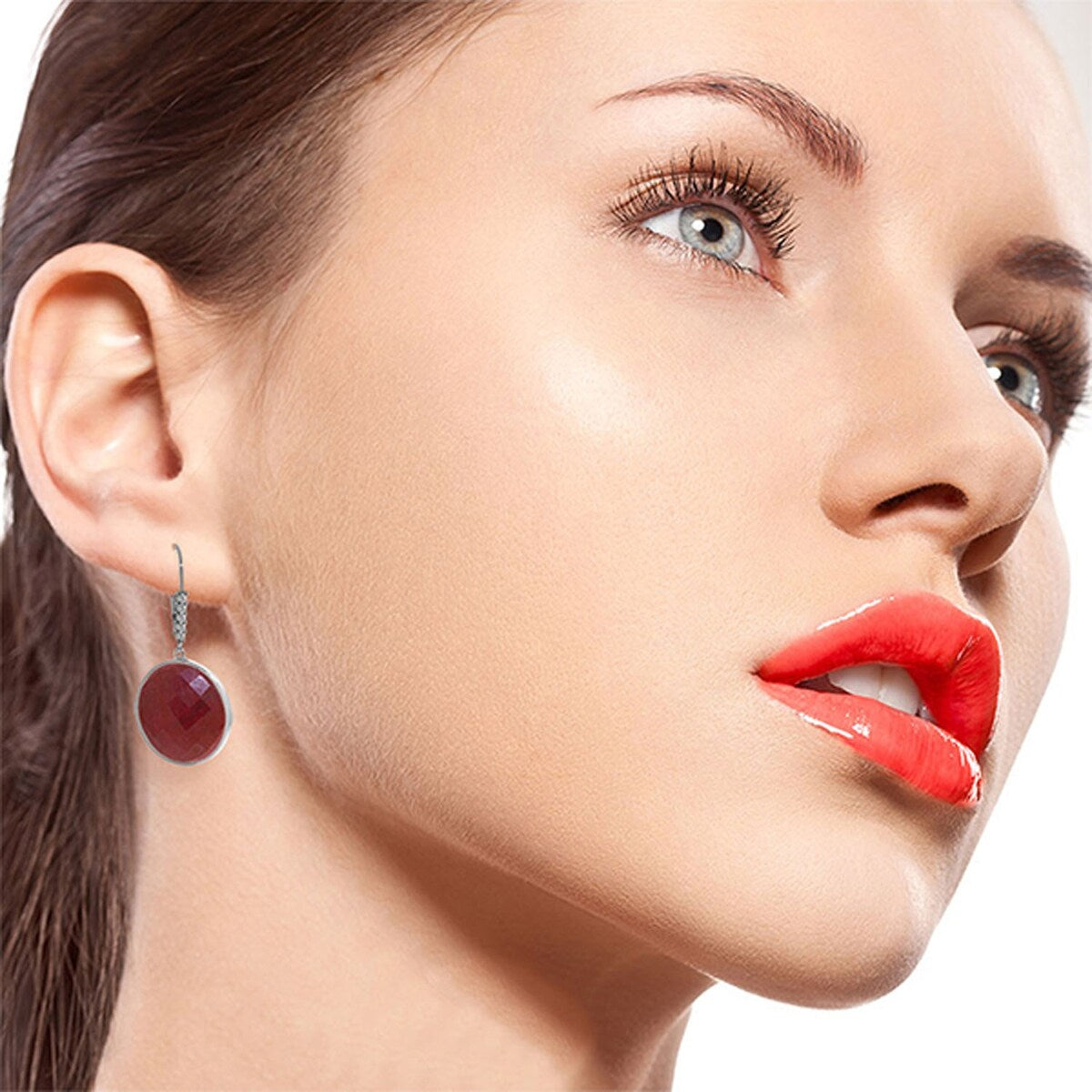 14K Solid Gold Diamonds Leverback Earrings w/ Round Dyed Rubies