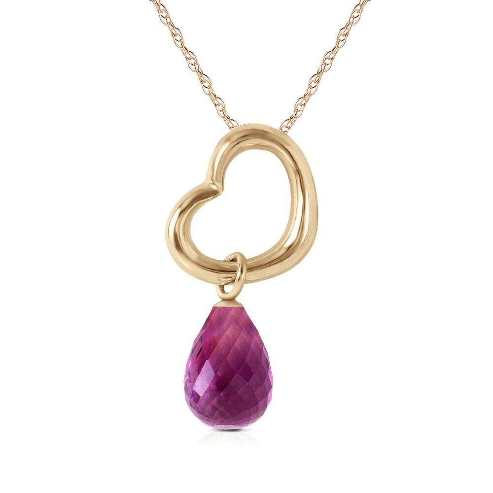 14K Solid Gold Heart Necklace with Dangling Natural Amethyst