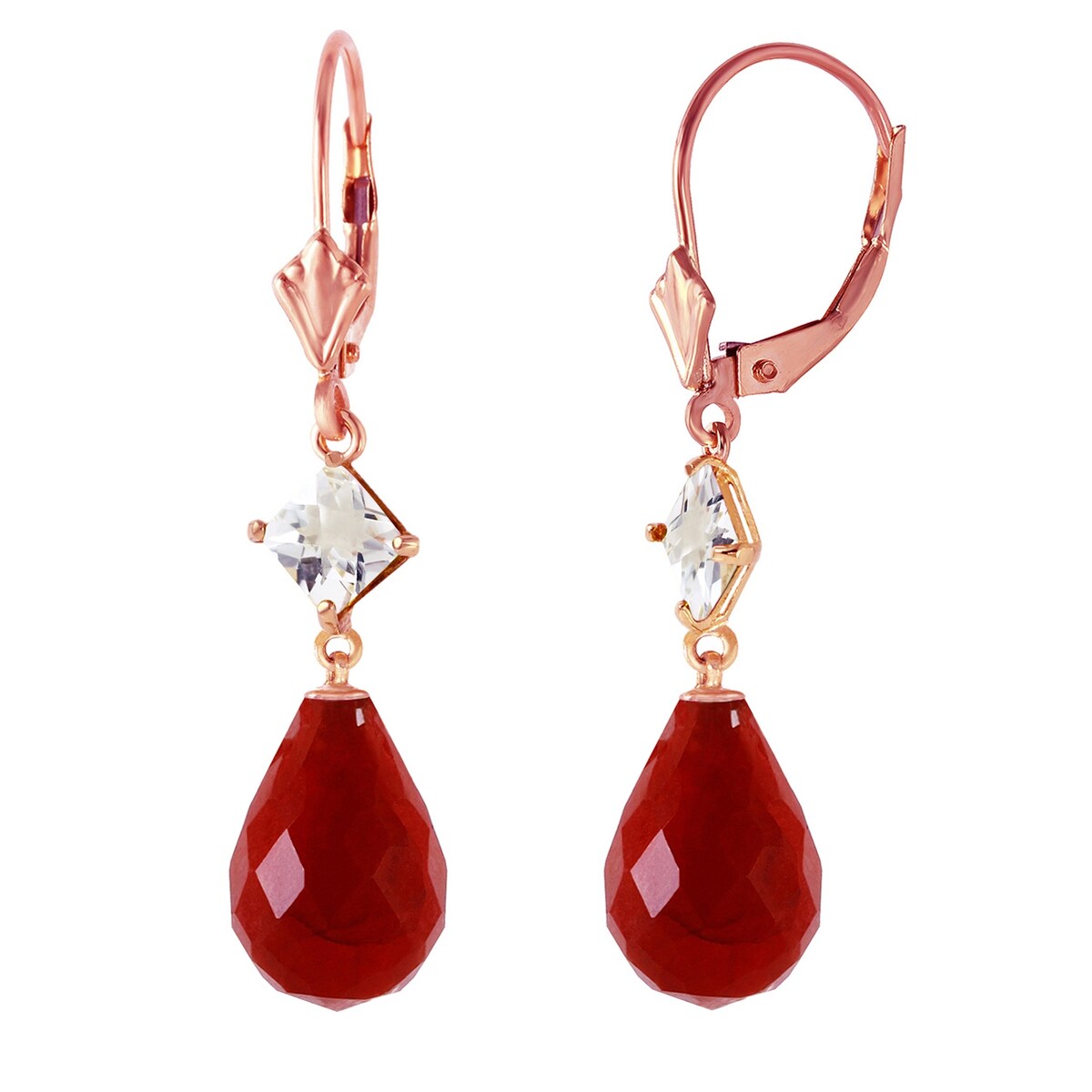 14K Solid Gold Leverback Gemstone Earrings w/ Rose Topaz & Rubies