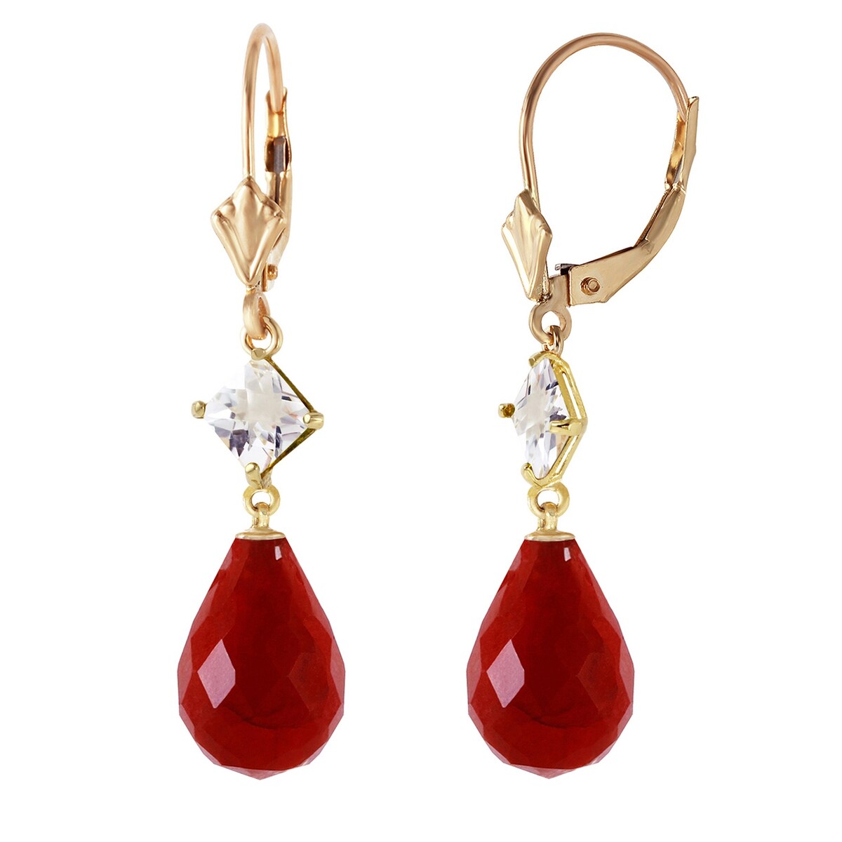 14K Solid Gold Leverback Gemstone Earrings w/ Rose Topaz & Rubies