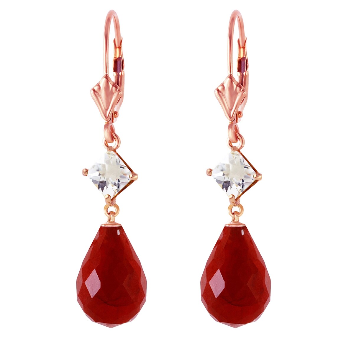 14K Solid Gold Leverback Gemstone Earrings w/ Rose Topaz & Rubies