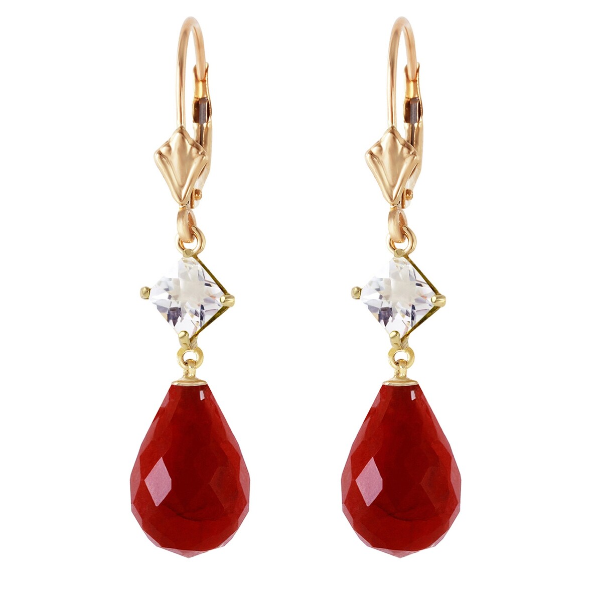 14K Solid Gold Leverback Gemstone Earrings w/ Rose Topaz & Rubies
