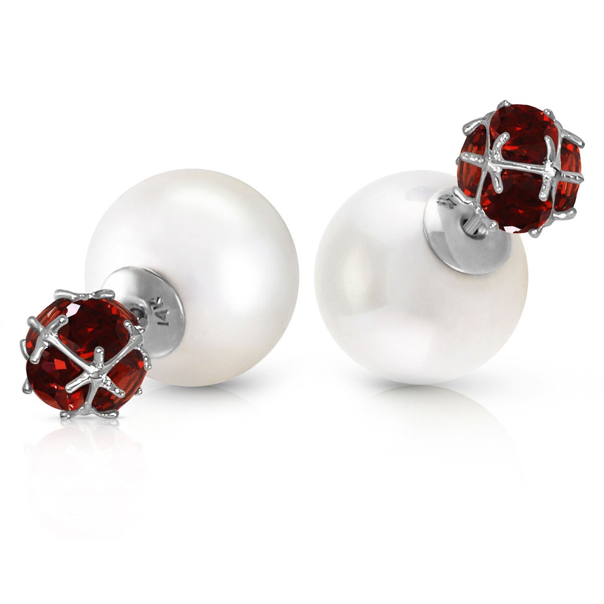 14K Solid Gold Tribal Double Shell Pearls And Garnets Stud Earrings