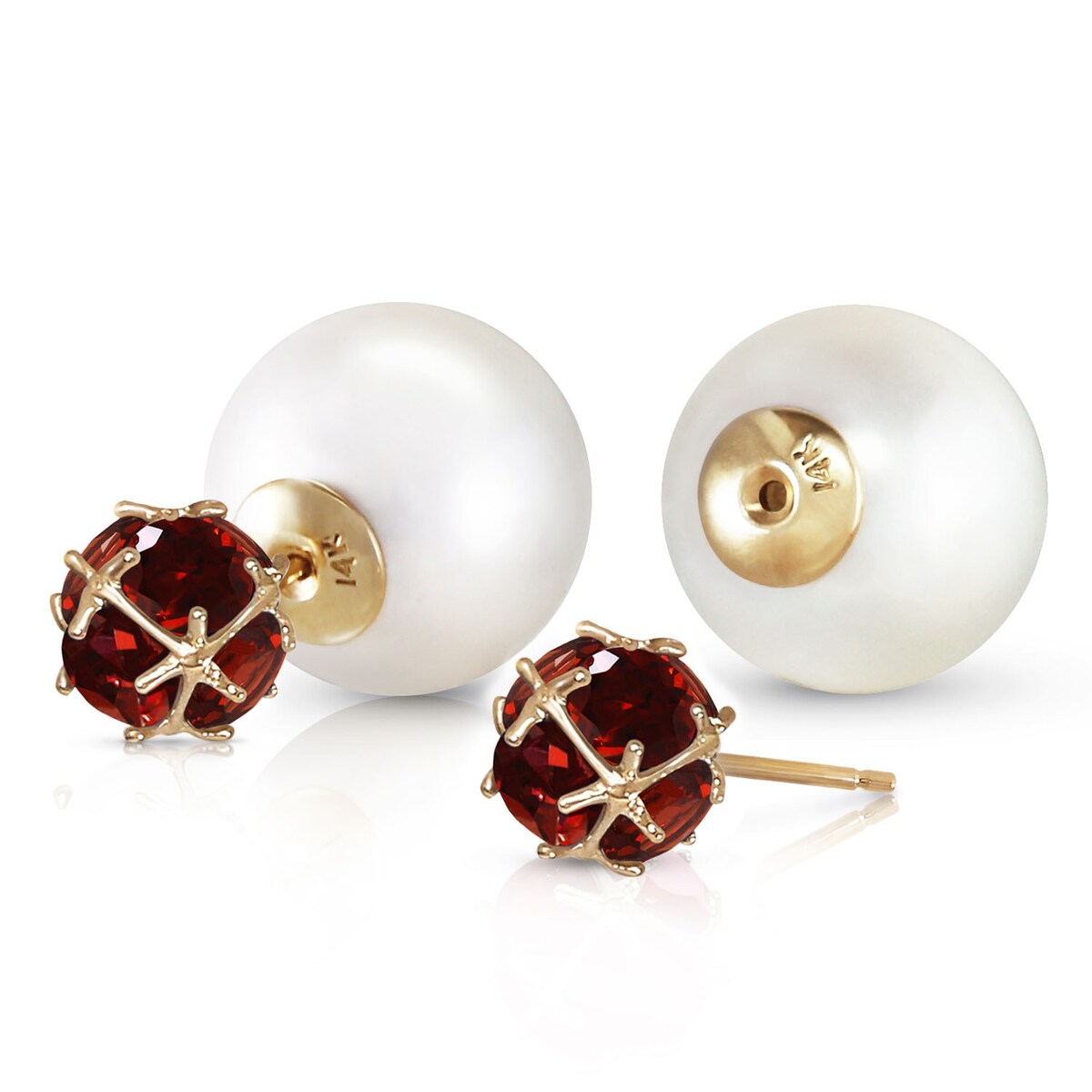 14K Solid Gold Tribal Double Shell Pearls And Garnets Stud Earrings