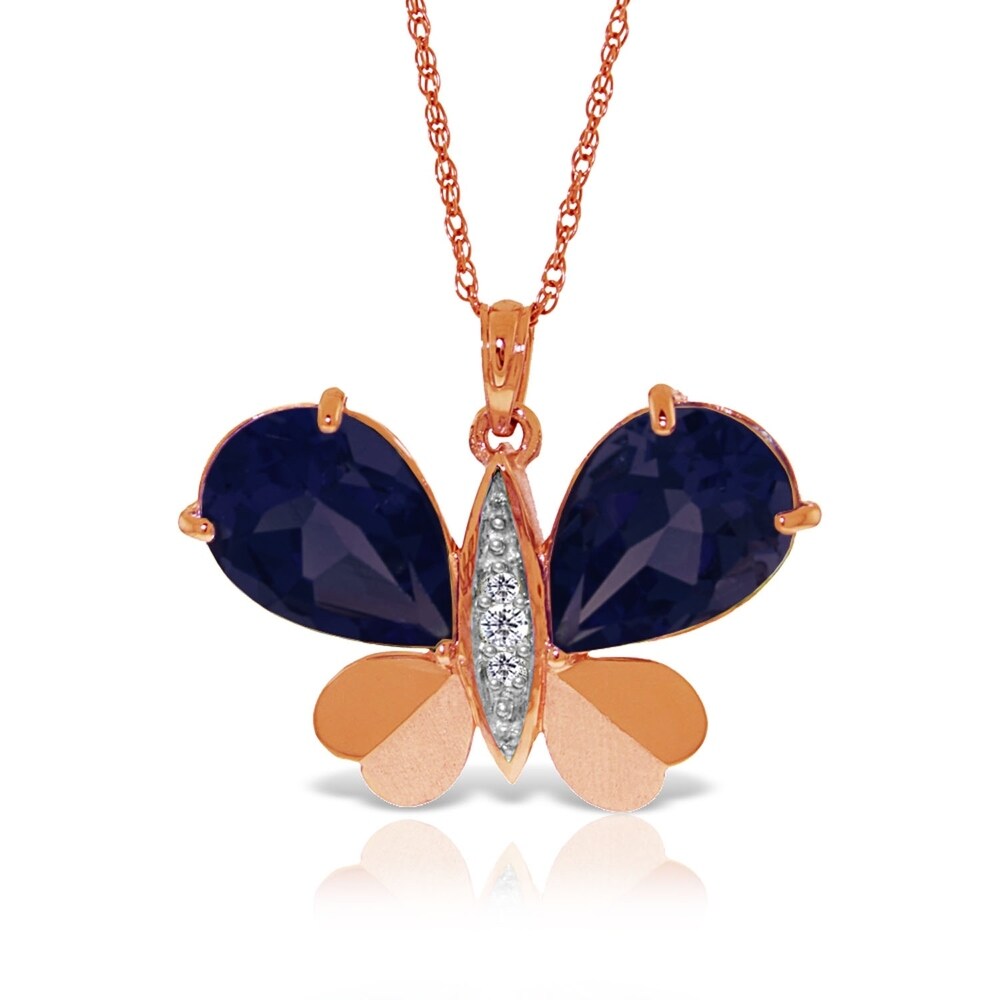 14K Solid Rose Gold Batterfly Necklace with Natural Diamonds & Sapphires