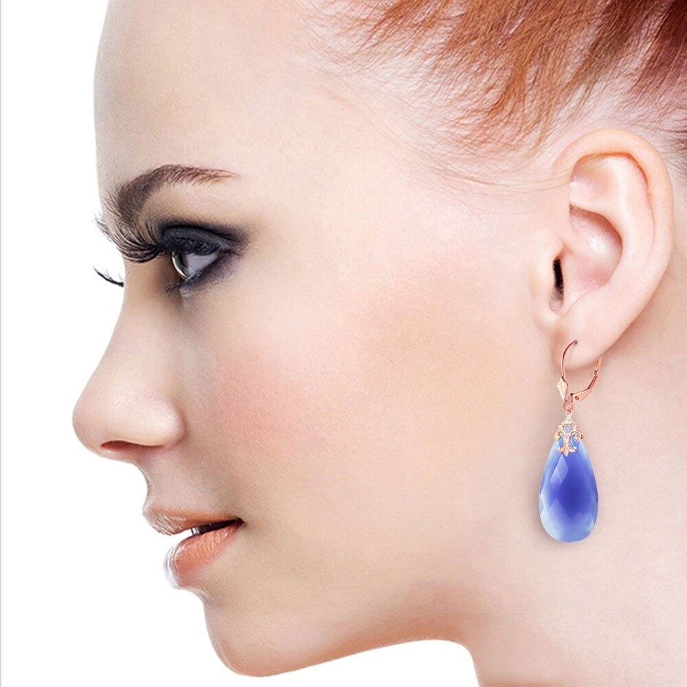 14K Solid Rose Gold Leverback Earrings with Briolette 31x16 mm Deep Blue Chalcedony