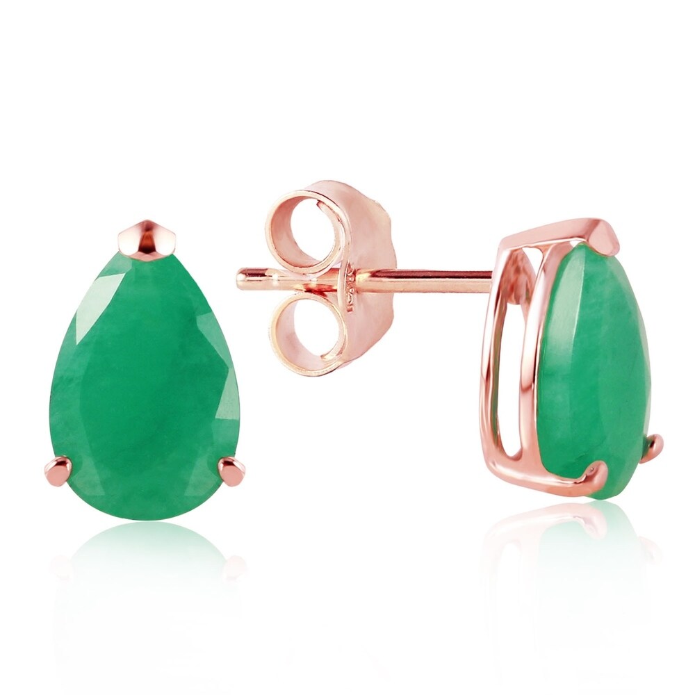 14K Solid Rose Gold Stud Earrings with Natural Emeralds