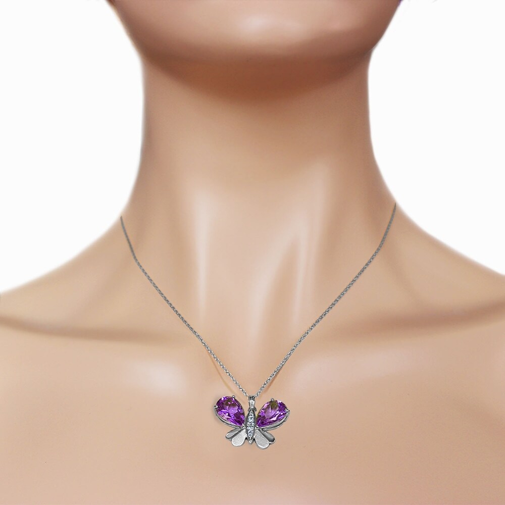 14K Solid White Gold Batterfly Necklace with Natural Diamonds & Amethysts