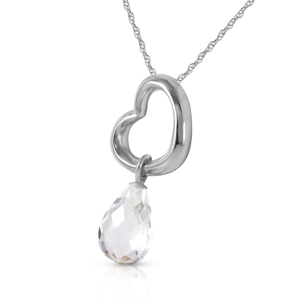 14K Solid White Gold Heart Necklace with Dangling Natural White Topaz