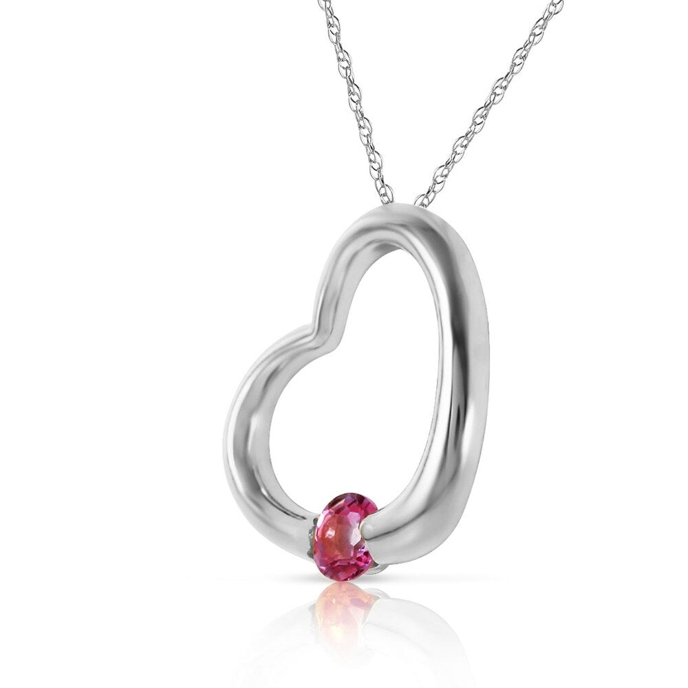 14K Solid White Gold Heart Necklace with Natural Pink Topaz