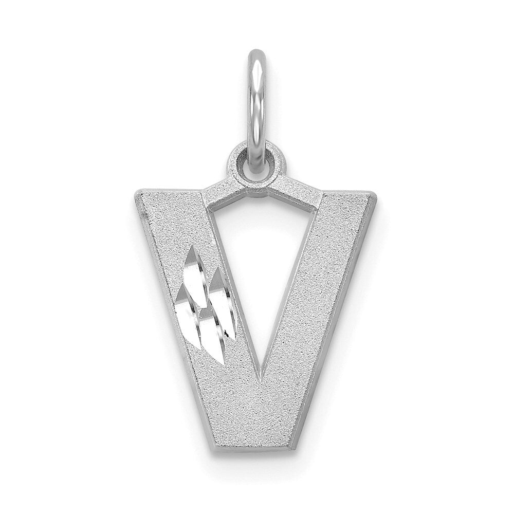 14K White Gold Satin Diamond-cut Letter V Initial Charm