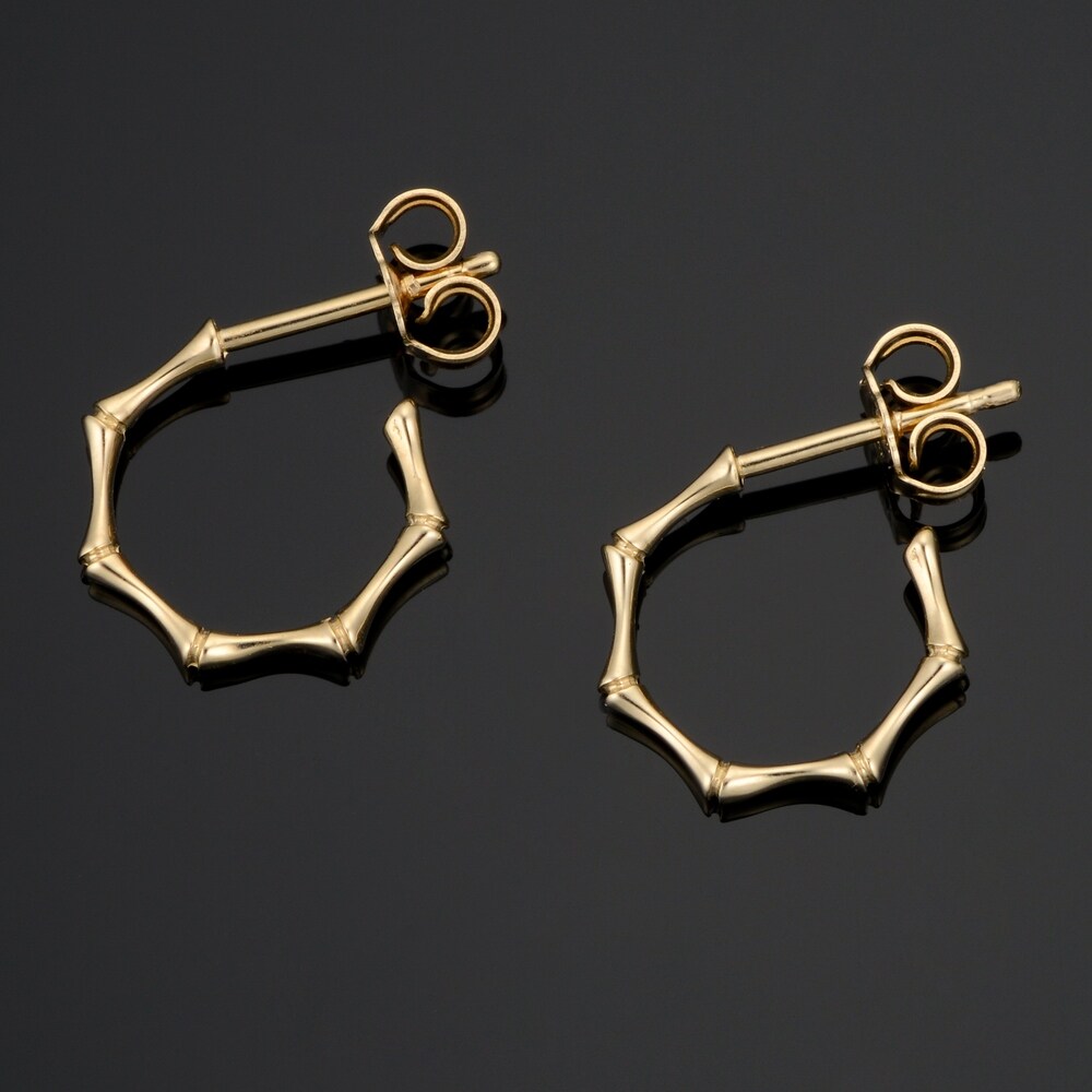 14K Yellow Gold Bamboo Open Hoop Earrings Minimalist Jewelry