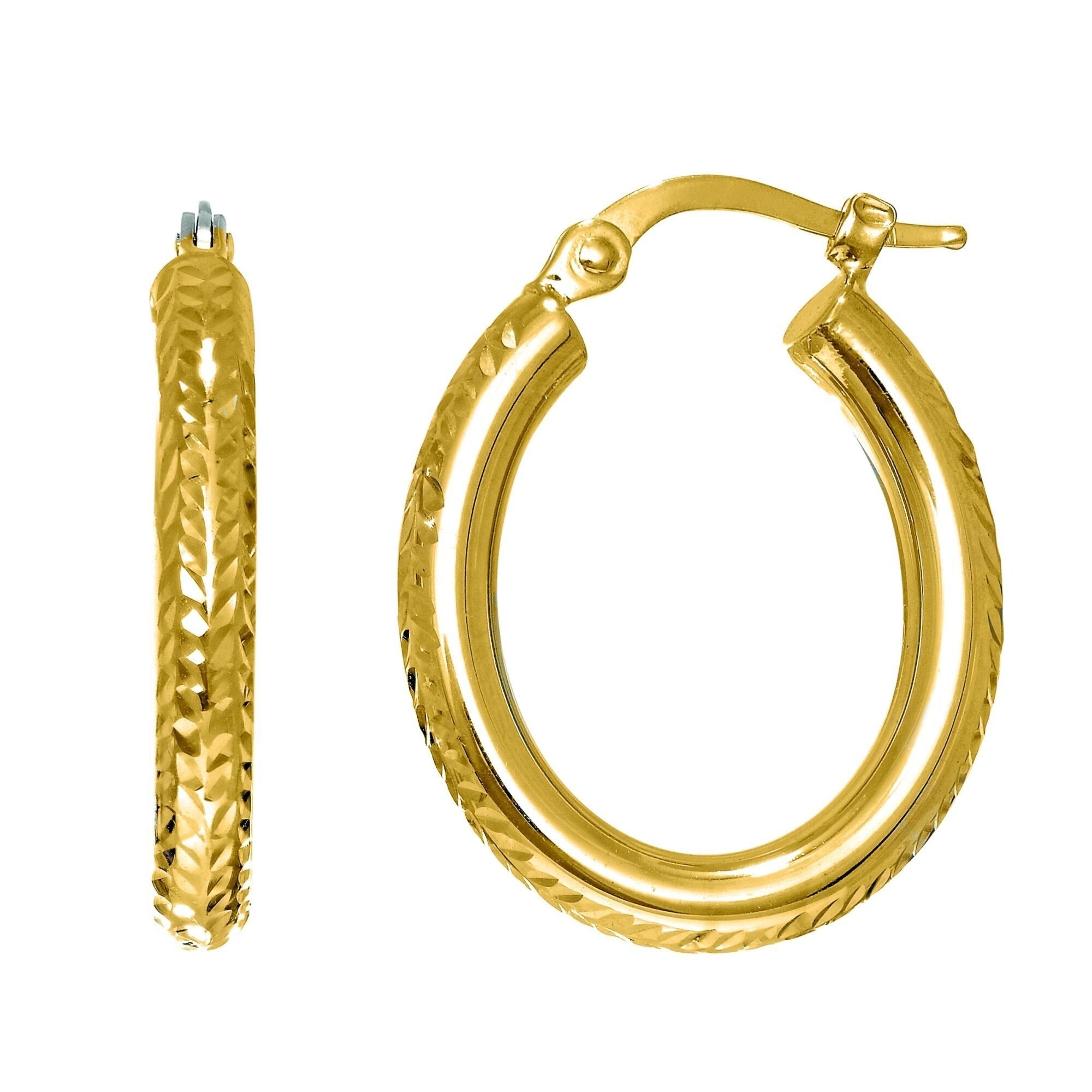 14K Yellow Gold Diamond-Cut Sparkle Oval Hoop Earrings, Textured Hoop Earrings, Gold Hoop Earrings for Women, 100% Real 14K Gold