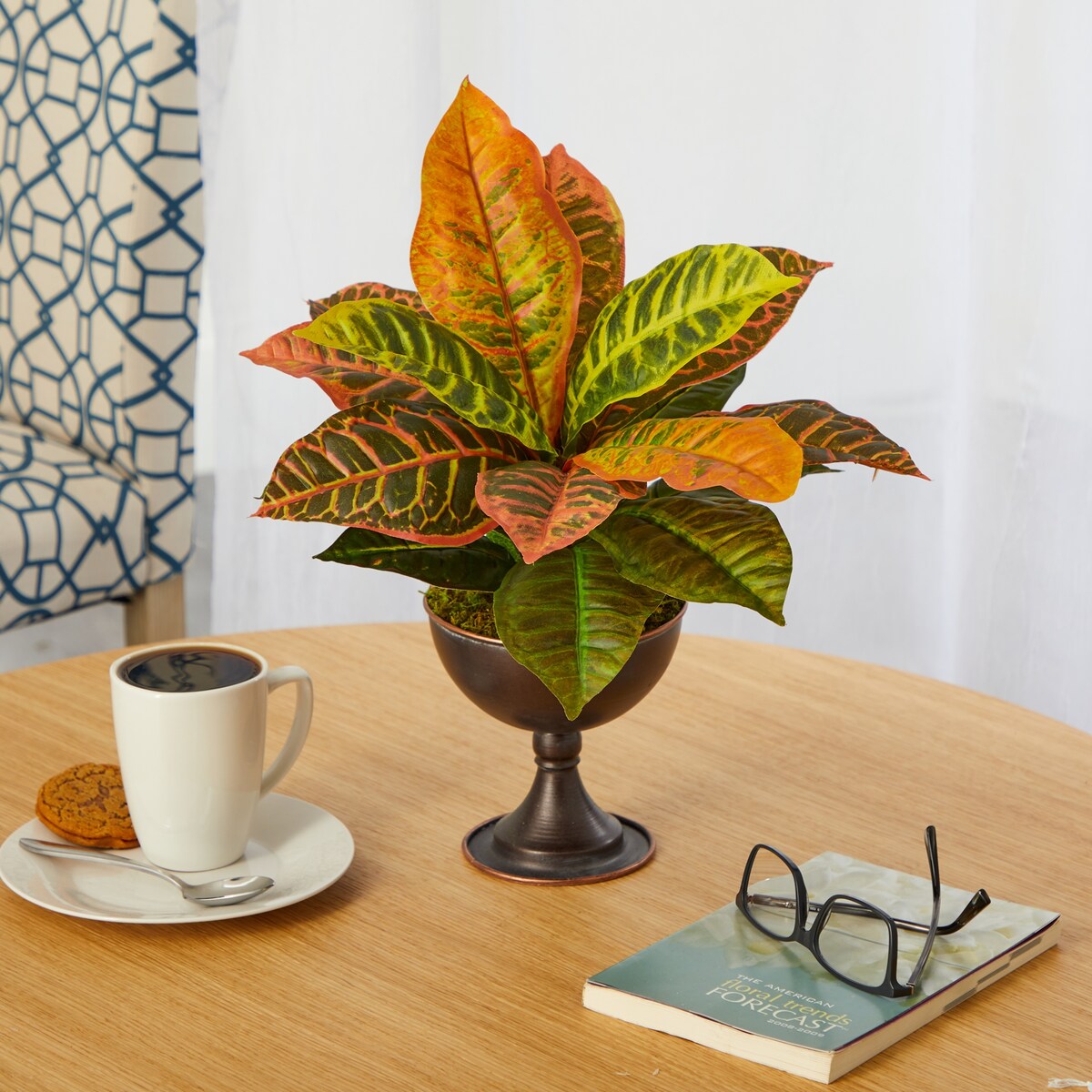 14" Garden Croton Artificial Plant in Metal Chalice (Real Touch)