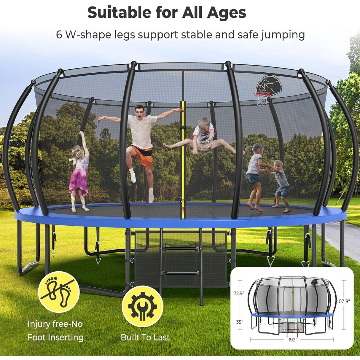 12ft/14ft/15ft/16ft Trampoline for Kids and Adults, Outdoor Trampolines with Curved Poles, Pumpkin Shaped