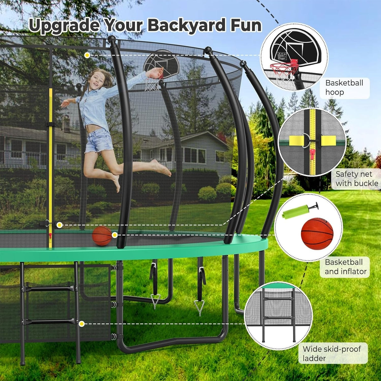 12ft/14ft/15ft/16ft Trampoline for Kids and Adults, Outdoor Trampolines with Curved Poles, Pumpkin Shaped