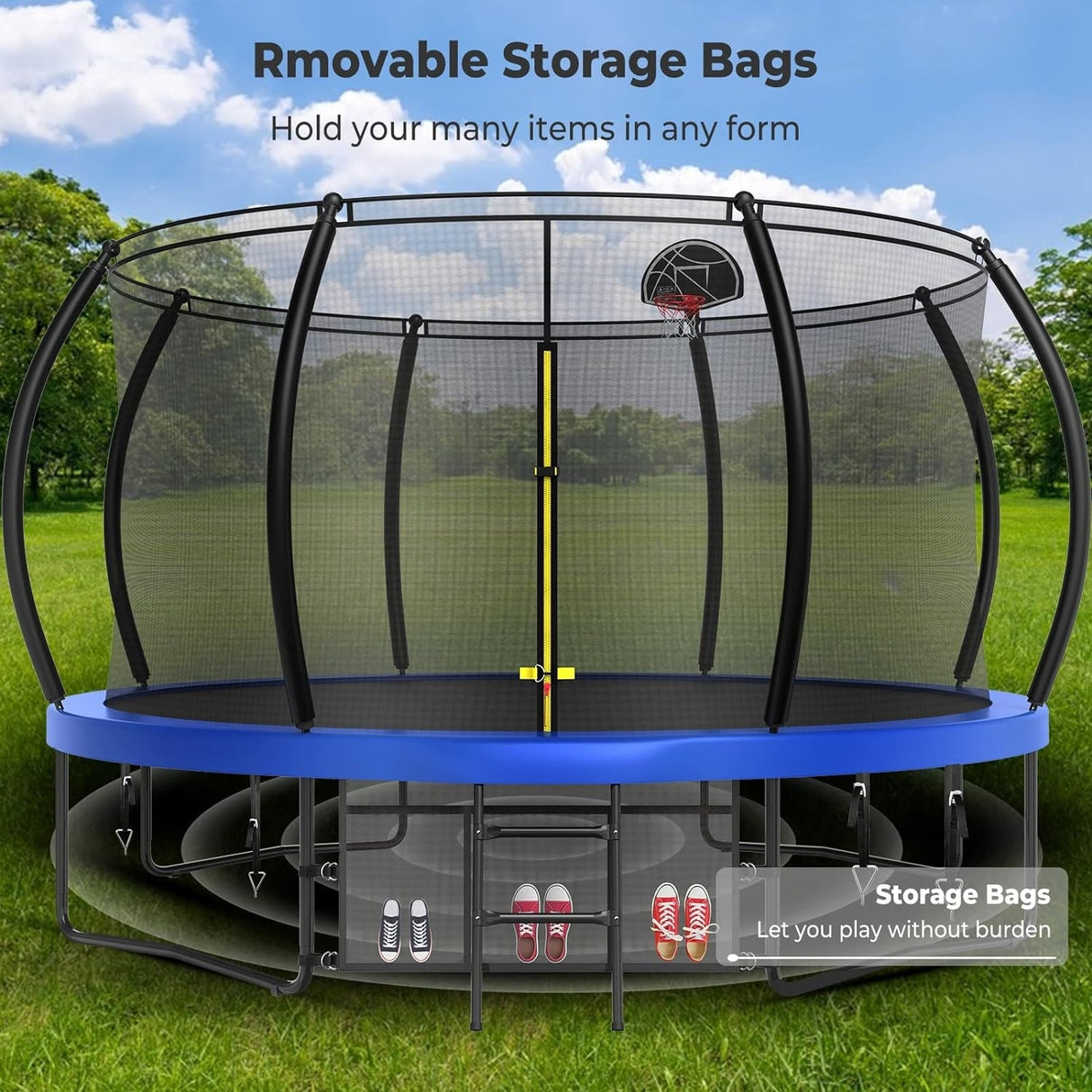 12ft/14ft/15ft/16ft Trampoline for Kids and Adults, Outdoor Trampolines with Curved Poles, Pumpkin Shaped