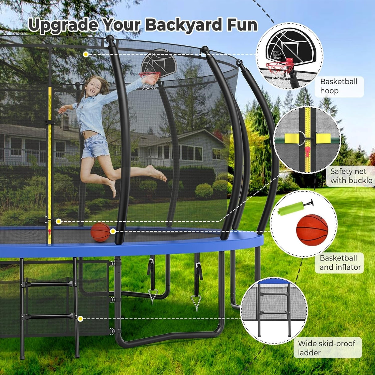 12ft/14ft/15ft/16ft Trampoline for Kids and Adults, Outdoor Trampolines with Curved Poles, Pumpkin Shaped