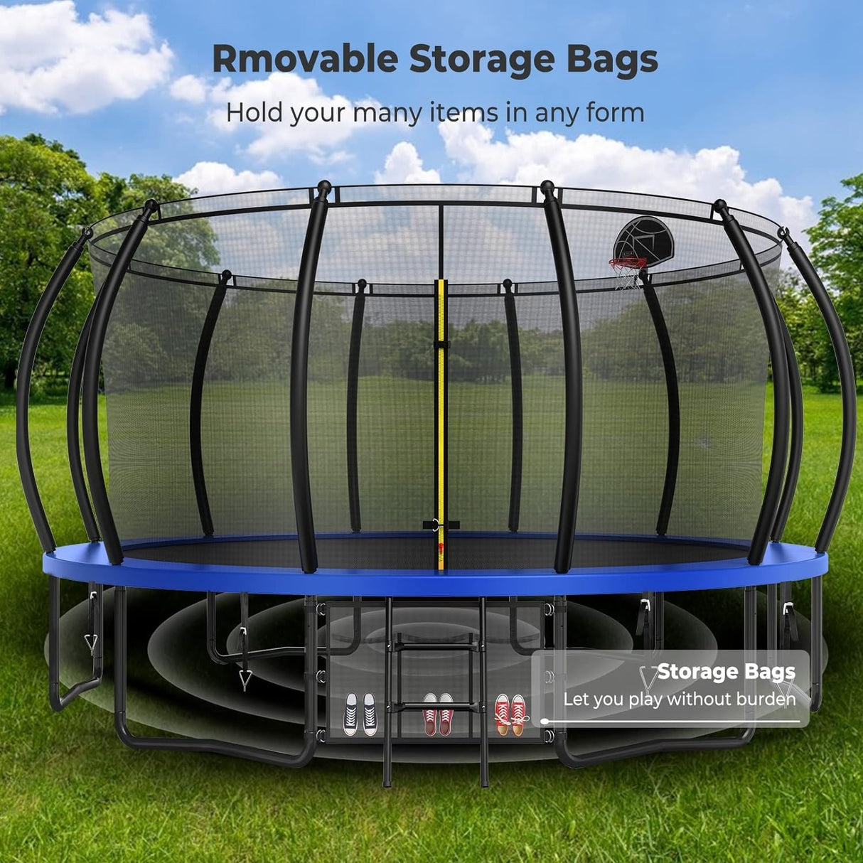 12ft/14ft/15ft/16ft Trampoline for Kids and Adults, Outdoor Trampolines with Curved Poles, Pumpkin Shaped
