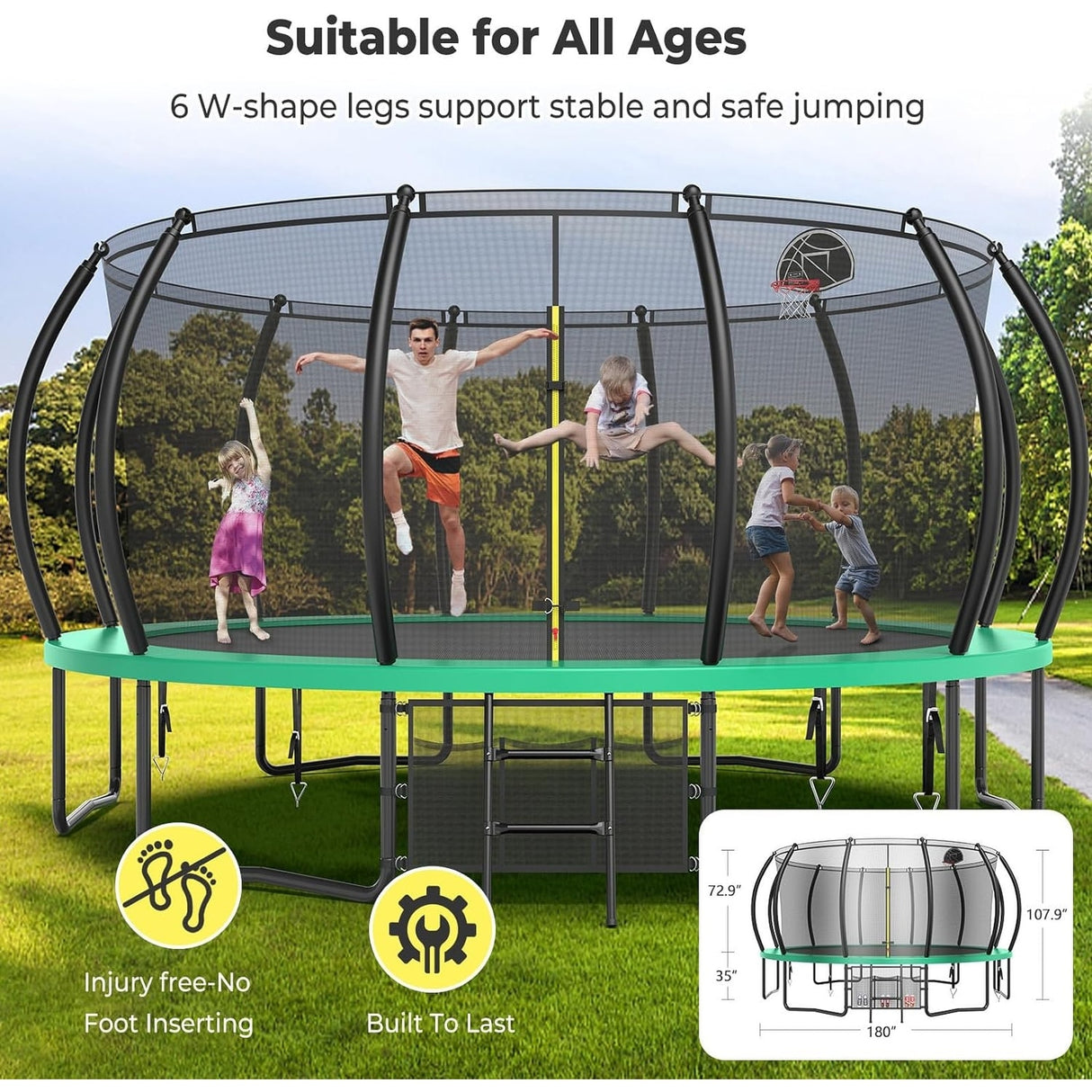 12ft/14ft/15ft/16ft Trampoline for Kids and Adults, Outdoor Trampolines with Curved Poles, Pumpkin Shaped