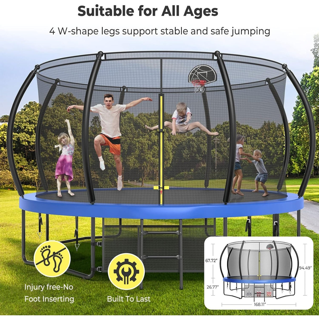 12ft/14ft/15ft/16ft Trampoline for Kids and Adults, Outdoor Trampolines with Curved Poles, Pumpkin Shaped