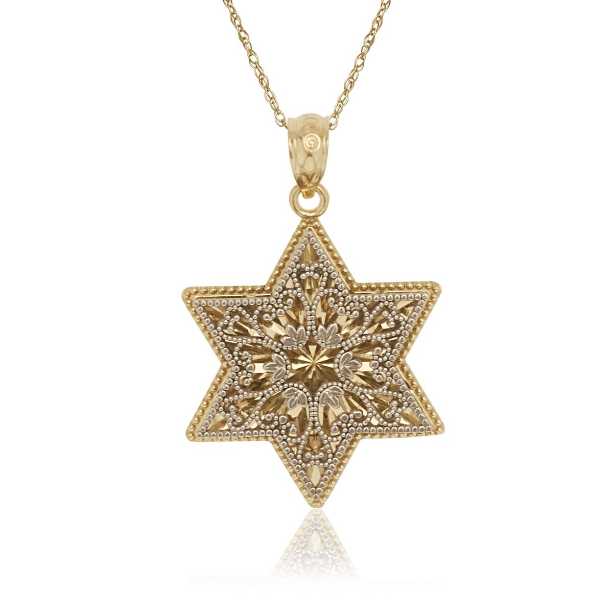 14k Gold 16-inch Two-Tone Diamond-cut Dimensional Filigree Star of David Pendant Necklace - Orange