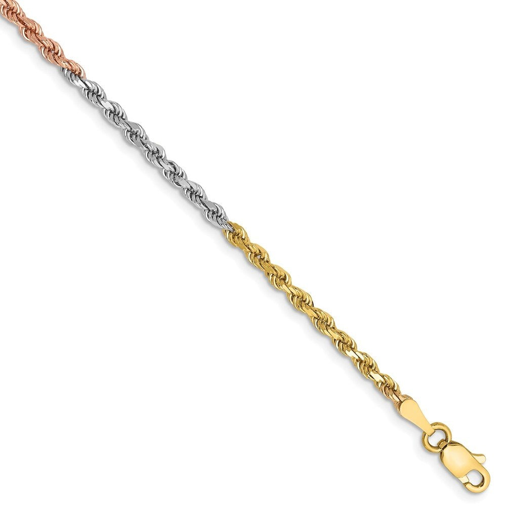 14k Tri-color Gold 2.5mm Diamond-Cut Rope Chain Bracelet, 7"