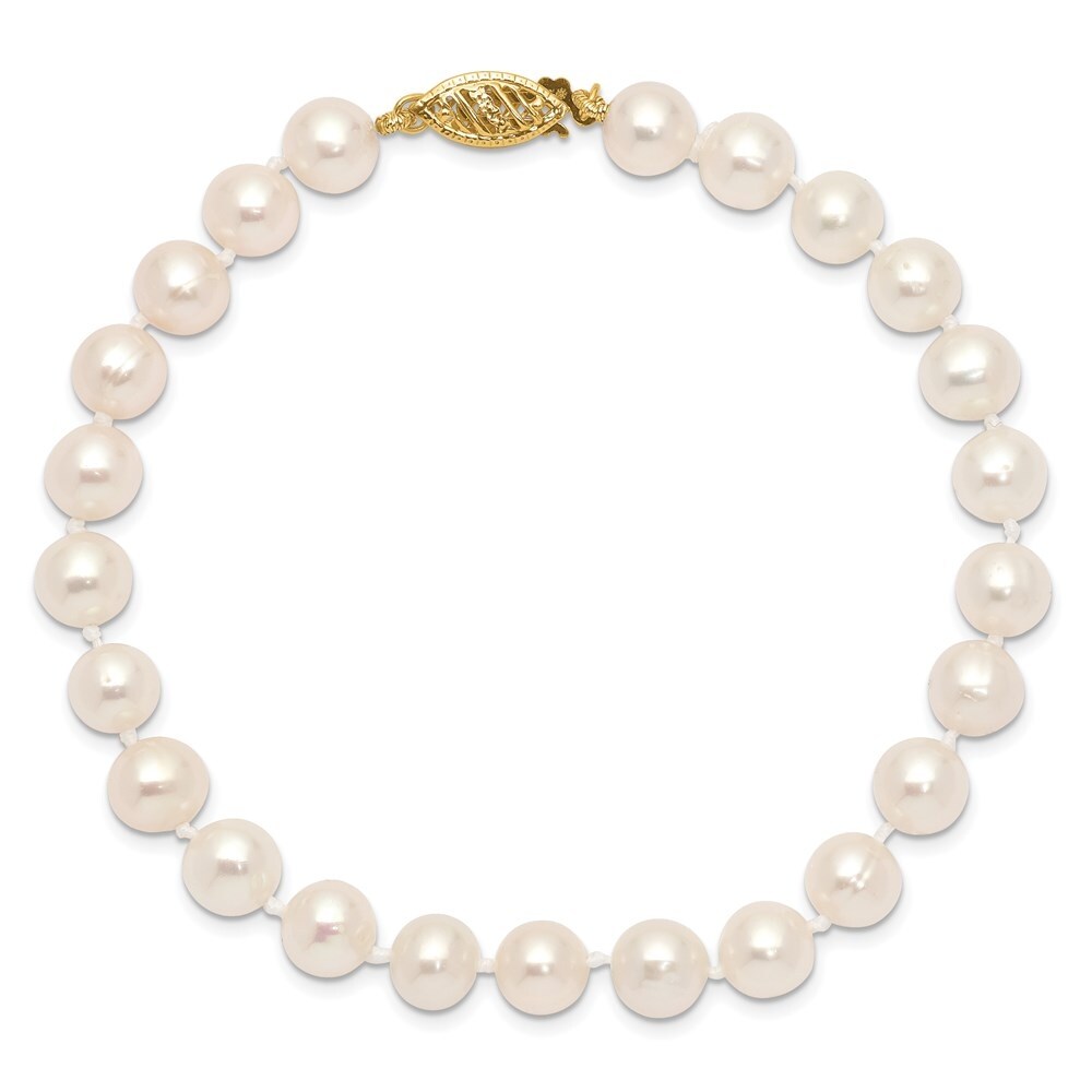 14k Yellow Gold 6-7mm White Near Round Freshwater Cultured Pearl Bracelet, 7.5"