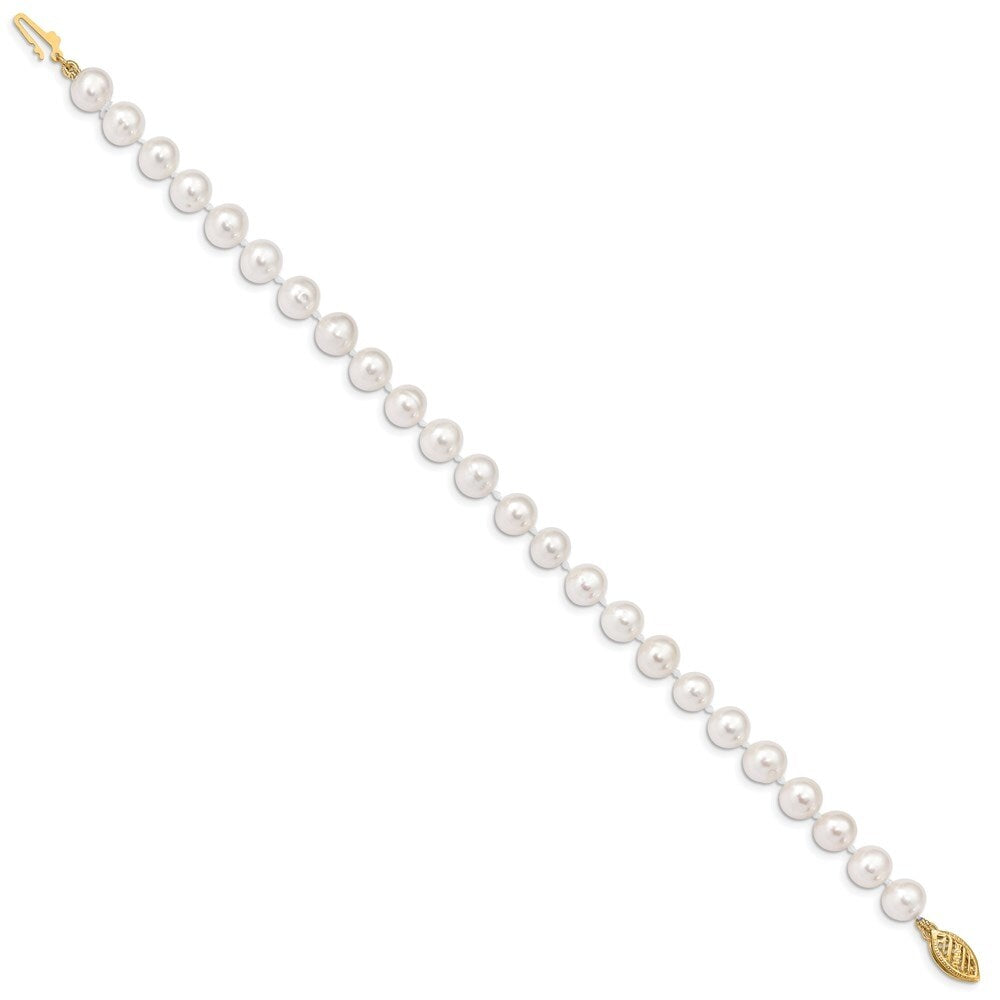 14k Yellow Gold 6-7mm White Near Round Freshwater Cultured Pearl Bracelet, 7.5"