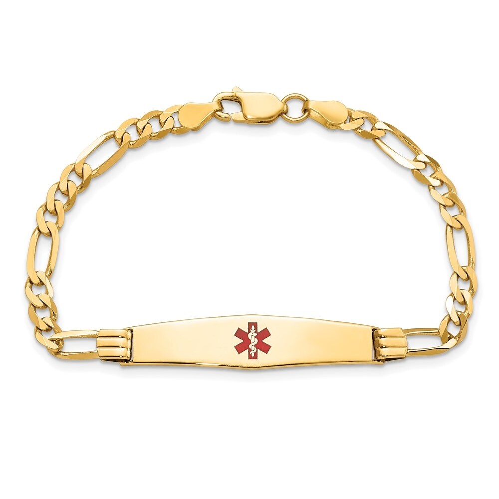 14k Yellow Gold 9mm Medical Soft Diamond Shape Red Enamel Figaro ID Bracelet, 7"