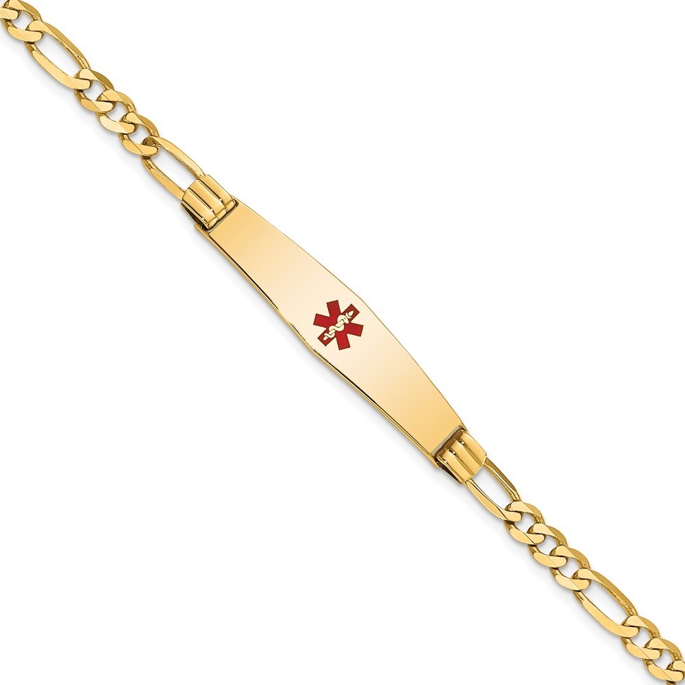 14k Yellow Gold 9mm Medical Soft Diamond Shape Red Enamel Figaro ID Bracelet, 7"