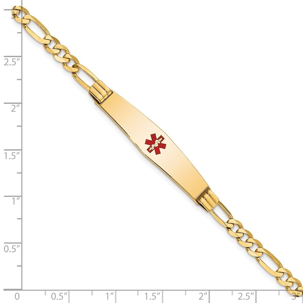 14k Yellow Gold 9mm Medical Soft Diamond Shape Red Enamel Figaro ID Bracelet, 7"