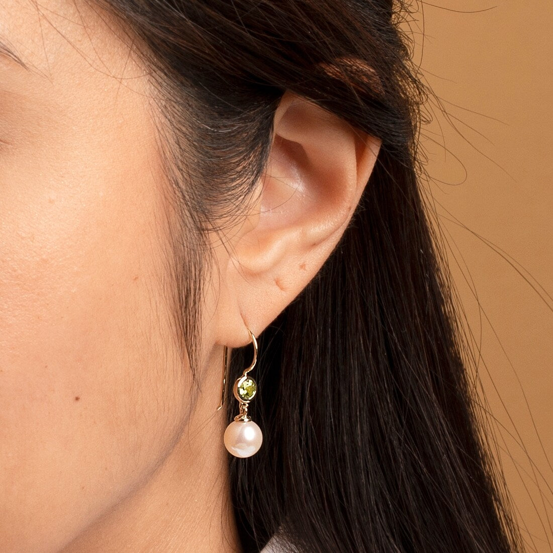 14k Yellow Gold Freshwater Pearl and Peridot Birthstone Drop Earrings