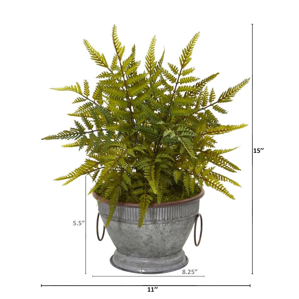 15" Fern Artificial Plant in Vintage Metal Bowl with Copper Trimming