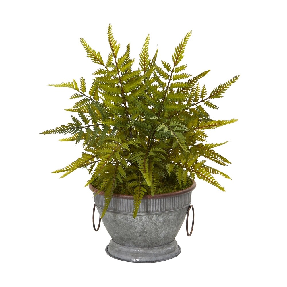 15" Fern Artificial Plant in Vintage Metal Bowl with Copper Trimming