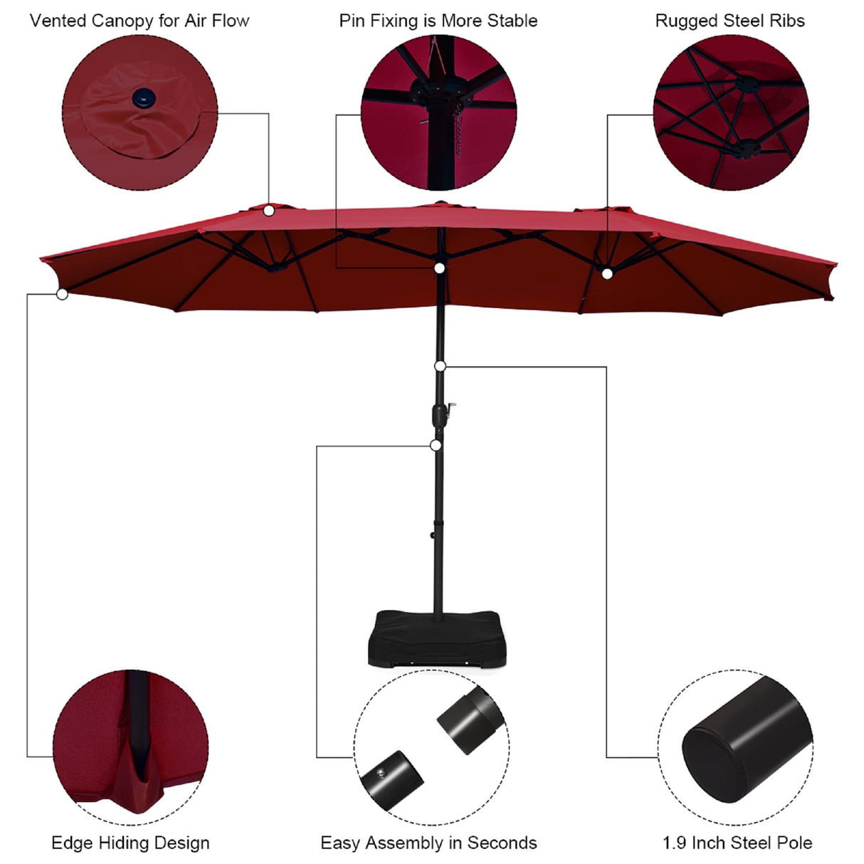 15 Ft Outdoor Double-Sided Patio Market Umbrella with Base
