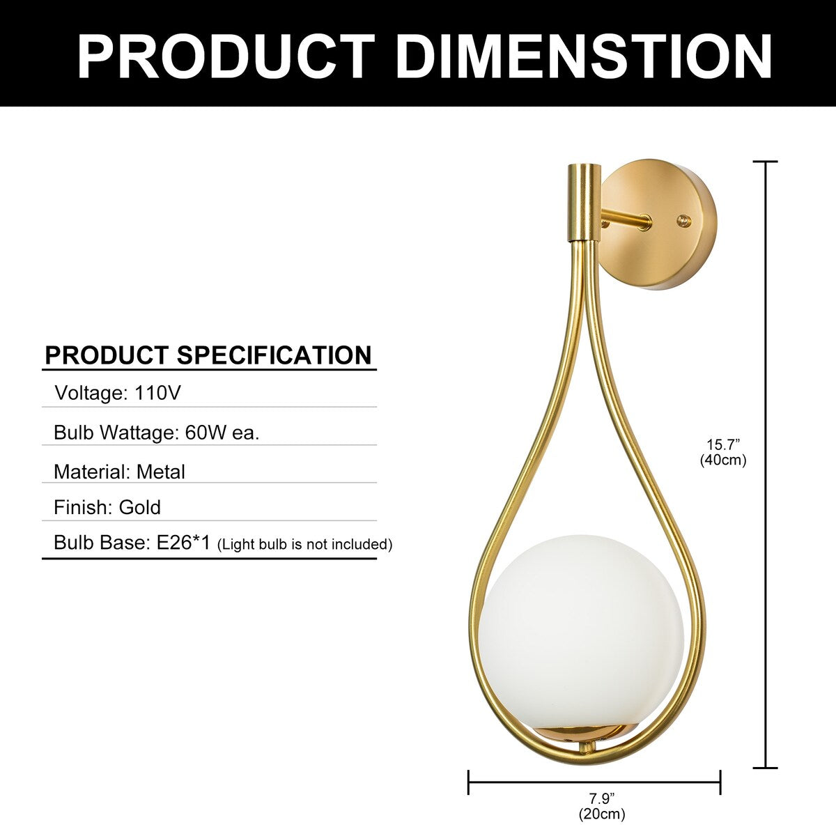 YANSUN 7.87 in. 1-Light Gold Water Drop Mid-Century Modern Wall Sconce with Global Frosted Glass Shade for Bedroom Bedsides