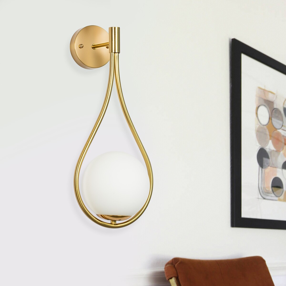 YANSUN 7.87 in. 1-Light Gold Water Drop Mid-Century Modern Wall Sconce with Global Frosted Glass Shade for Bedroom Bedsides