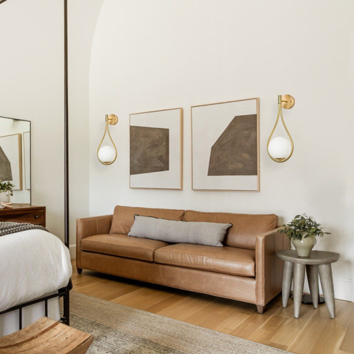 YANSUN 7.87 in. 1-Light Gold Water Drop Mid-Century Modern Wall Sconce with Global Frosted Glass Shade for Bedroom Bedsides
