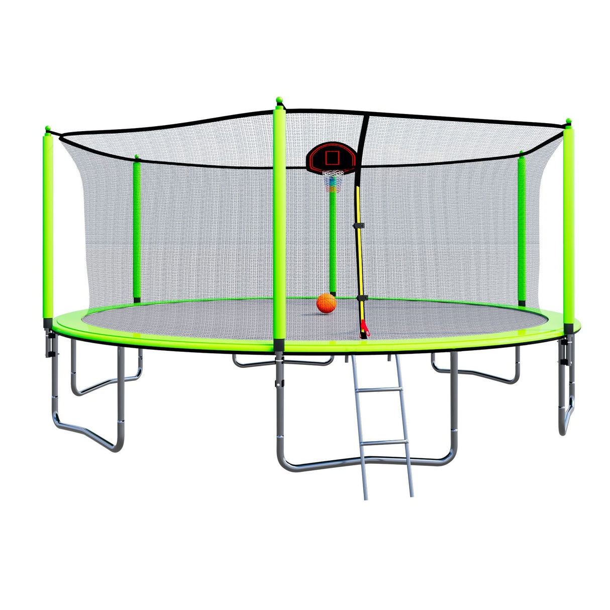 15FT Trampoline with Basketball Hoop Inflator and Ladder(Inner Safety Enclosure) Green