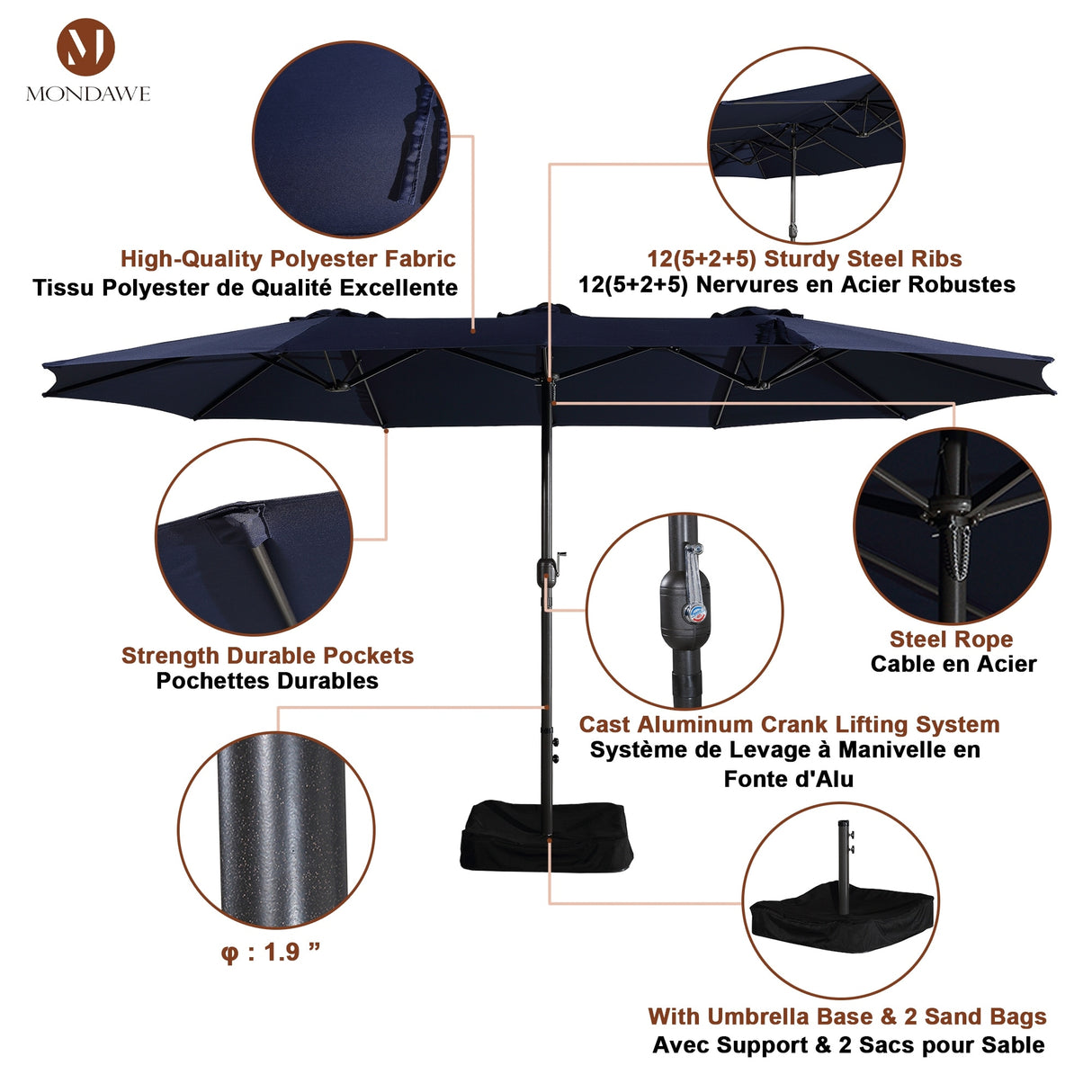 15ft Rectangular Patio Market Umbrella with Base