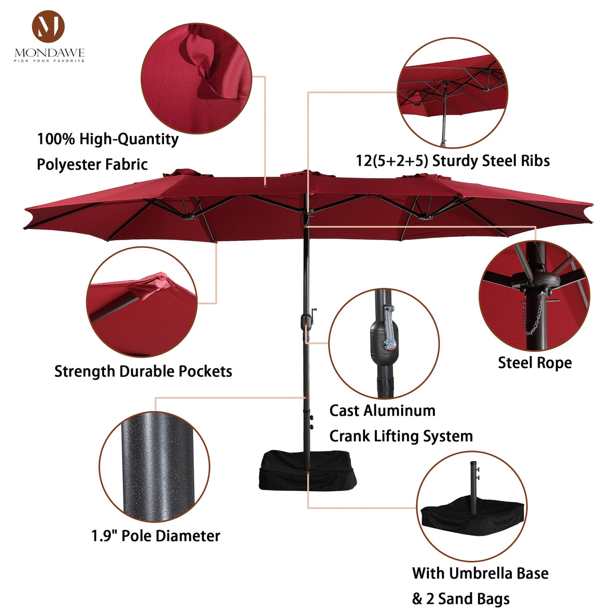 15ft Rectangular Patio Market Umbrella with Base
