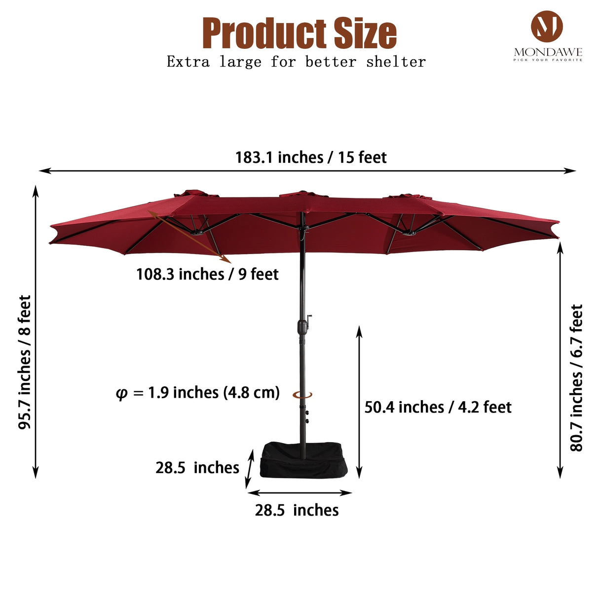 15ft Rectangular Patio Market Umbrella with Base